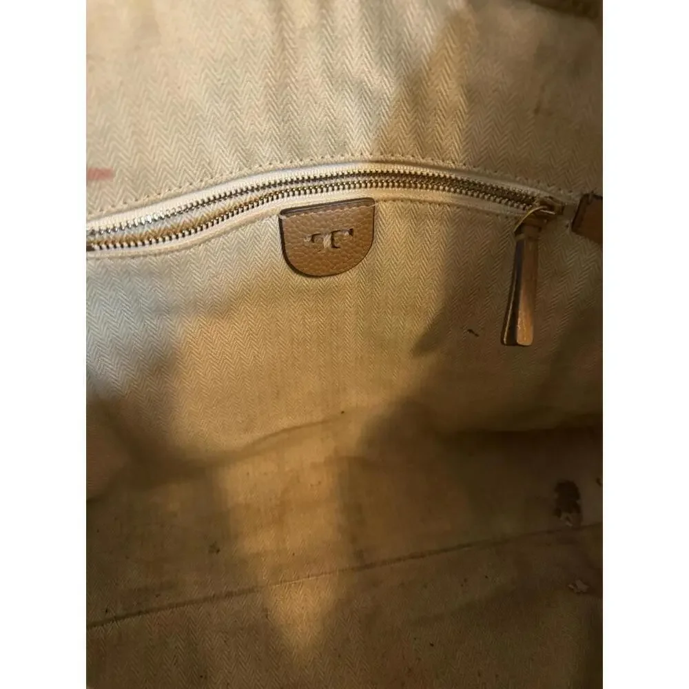 Tory Burch McGraw Cream Pebbled Leather Top Zip Satchel Crossbody Bag